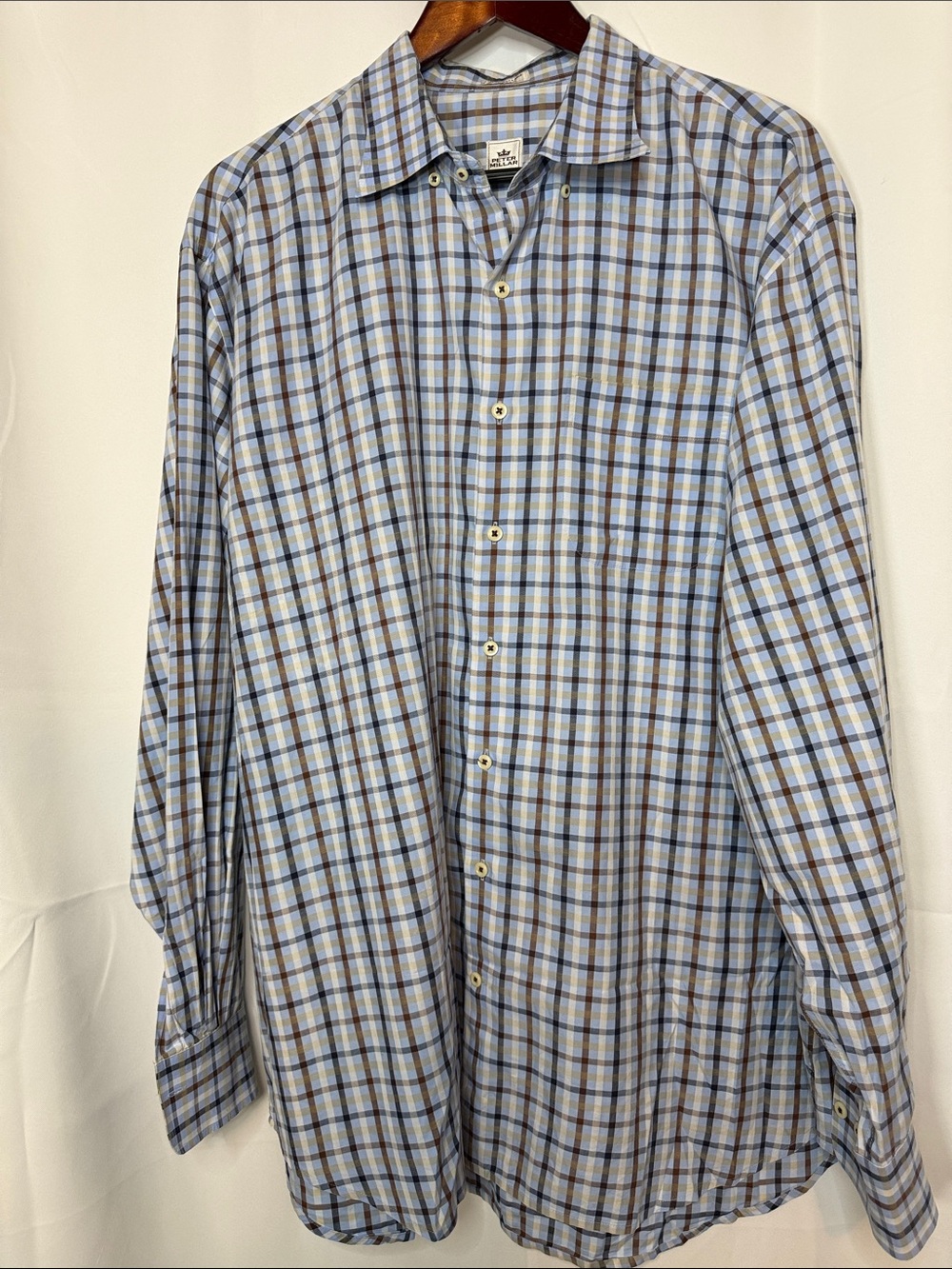Peter Millar Men's Plaid Cotton Button Down Blue & Brown. XXL